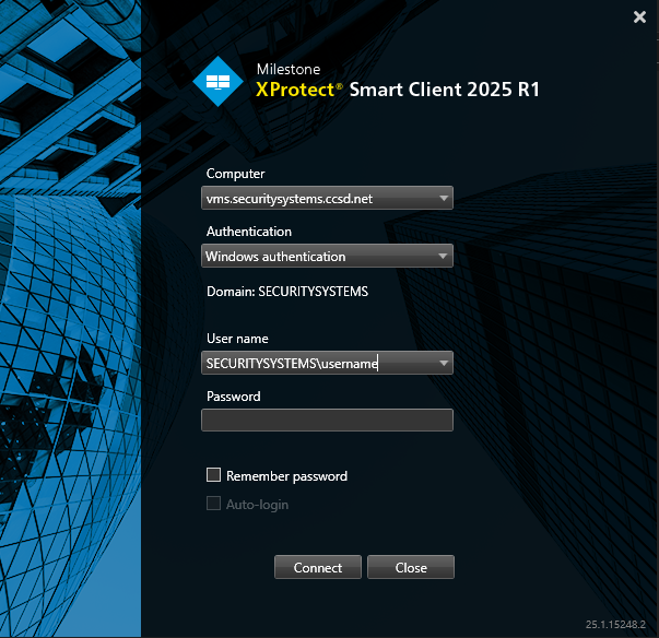 Milestone Client login screen example screenshot